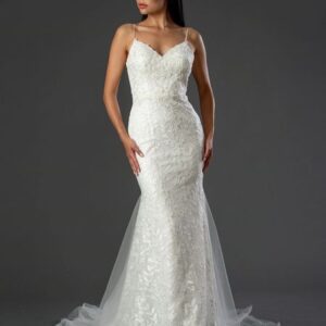 Woman in a white lace wedding dress.