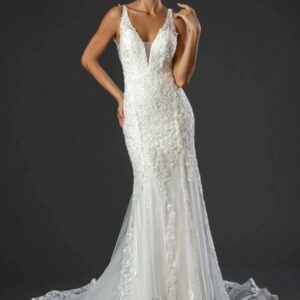 Woman in a white lace wedding dress.