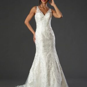 Woman in a white lace wedding dress.