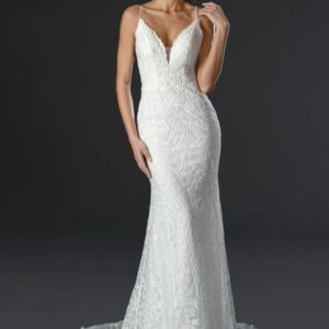 Woman in a white lace wedding dress.