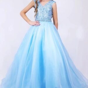 Girl in a blue sequined dress.