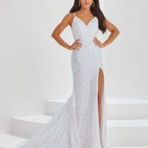 Woman in a white sequined gown.