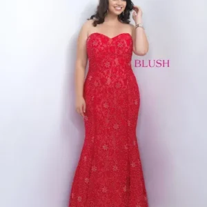 Woman in a red strapless evening gown.